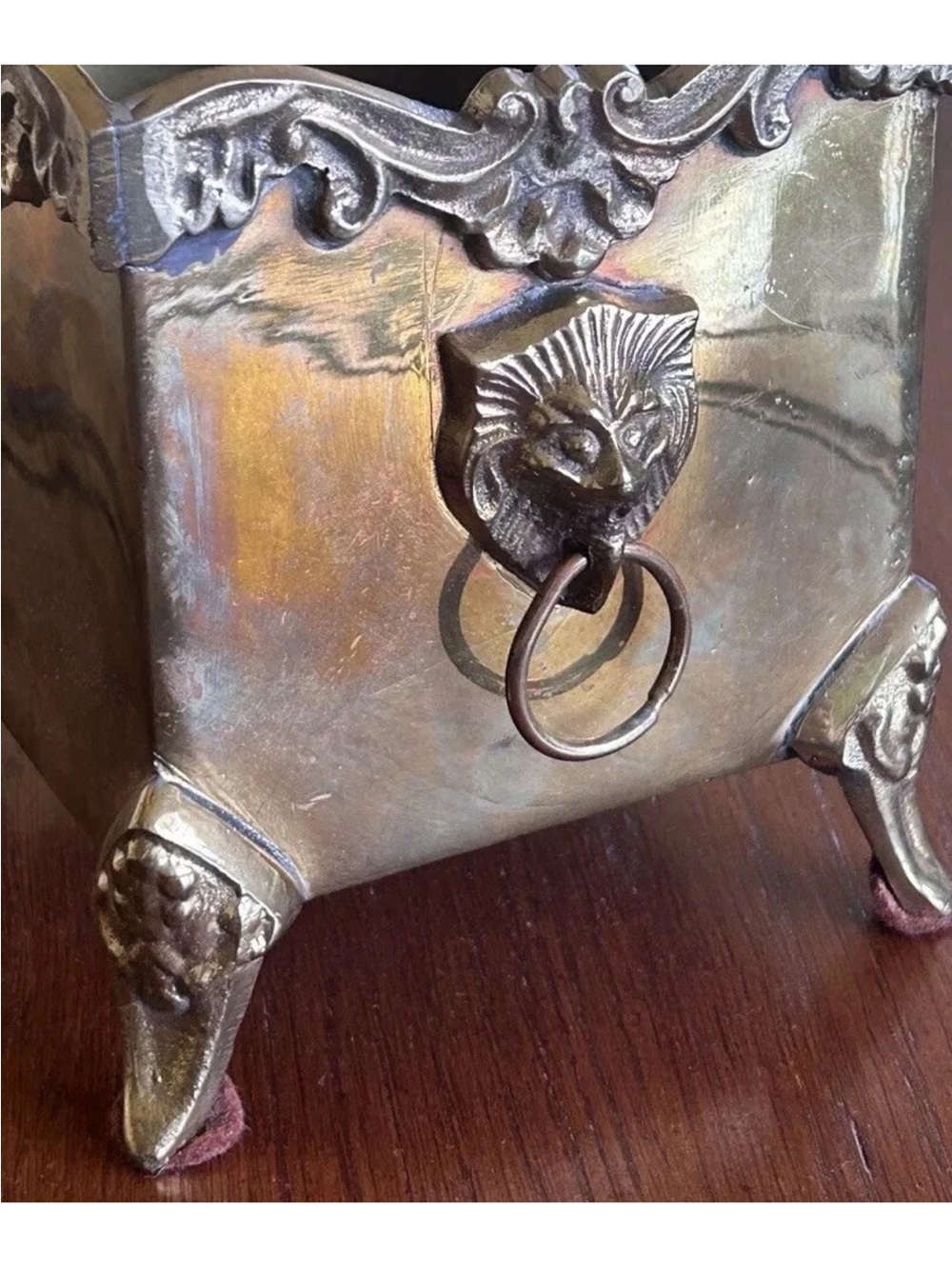 Antique Footed BRASS Table Planter Jardinière LION HEAD Mount Handles MADE INDIA